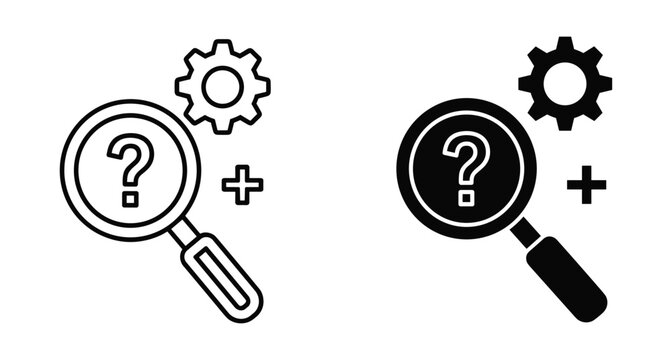 Magnifying glass with question mark gear and plus sign icon set for technical support search help and troubleshooting settings interface