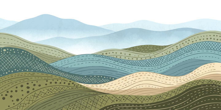 Abstract layered landscape illustration with rolling hills and mountains in soft green and grey colors