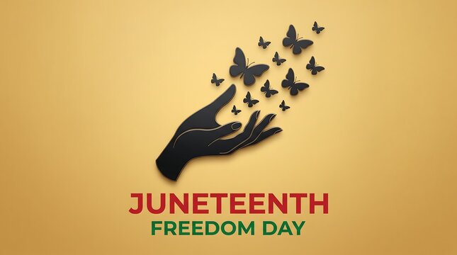 Juneteenth freedom day illustration with a hand releasing butterflies on a gold background