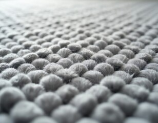 Fototapeta premium Close up of fuzzy grey and white textured fabric surface. Repeating circular looped pile detail forms abstract background pattern. Soft plush material creates cozy indoor home atmosphere.