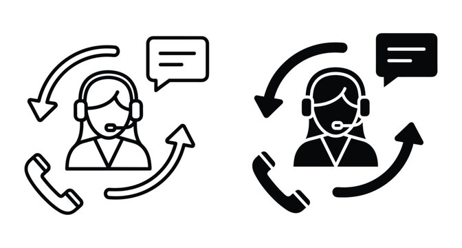 Customer service representative icon set with female agent wearing headset speech bubble telephone handset and circular arrows for support center