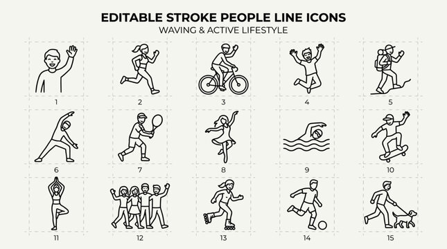 Active Lifestyle Line Icons Set People Waving and Exercising.