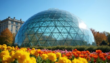 Fototapeta premium Glass geodesic dome building with colorful flowers in foreground. Trees with autumn leaves are nearby. Clear blue sky above modern architecture in botanical garden. Sunny day.
