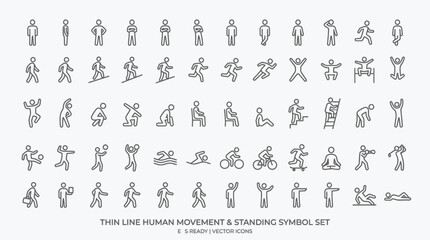 Fototapeta premium Collection of Thin Line Human Movement and Standing Symbols.