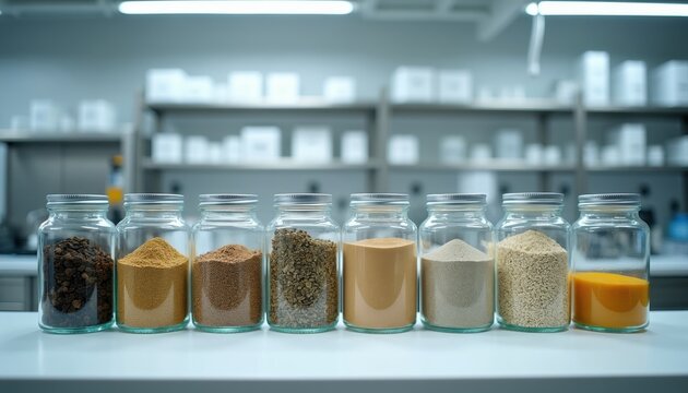 Glass jars with various powders and organic matter sit on a lab bench for scientific analysis. Samples show research in progress for new product development and quality control.