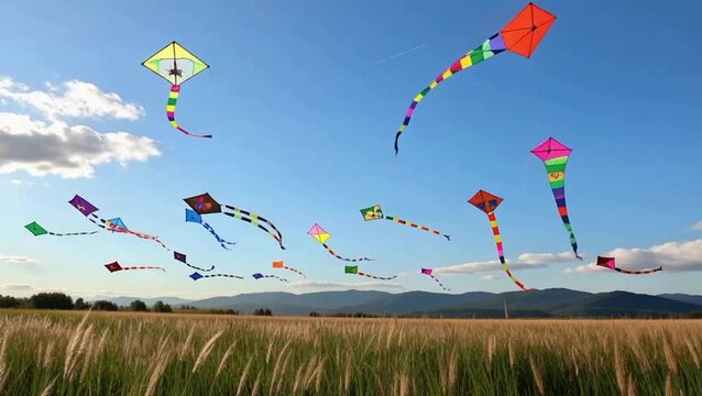 Colorful kites soaring in a blue sky above a rural meadow