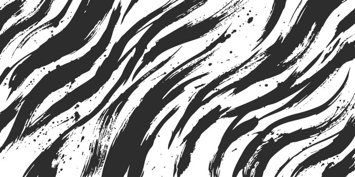 Abstract tiger stripe pattern with black ink brush strokes and paint splashes on a textured artistic background