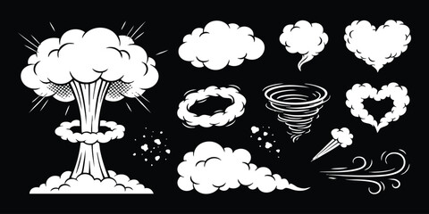 Set of hand drawn comic smoke explosion tornado cloud and heart shapes isolated on a black background © GraphixEra