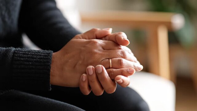 Close up of woman's hands clasped together, showing a wedding ring, symbolizing contemplation or worry.