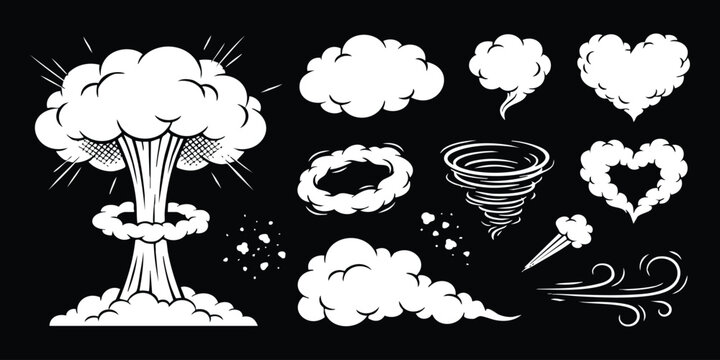 Set of hand drawn comic smoke explosion tornado cloud and heart shapes isolated on a black background