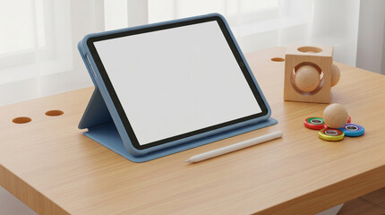Fototapeta premium Digital tablet in a colorful protective case and wooden puzzle on a desk for special education and adaptive EdTech learning.