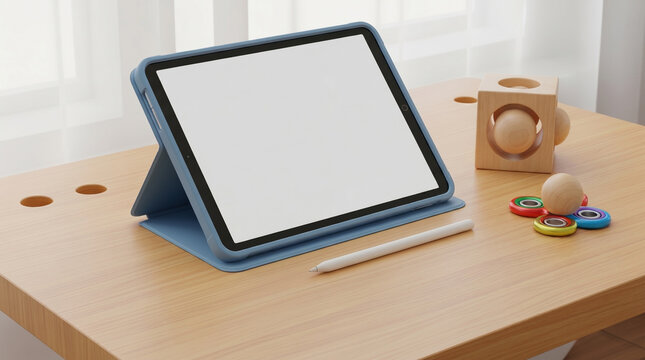 Digital tablet in a colorful protective case and wooden puzzle on a desk for special education and adaptive EdTech learning.