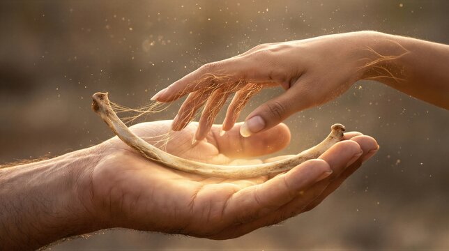 Man and woman hand touching rib bone. Creation of human from bone according to Book of Genesis. Symbolic representation of life magic and divine power. Biblical myth sixth day theme.