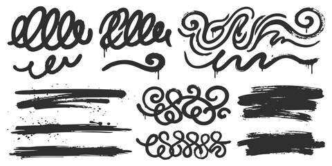 Set of black graffiti spray paint brush strokes and swirl ornaments for urban street art graphic design projects © GraphixEra