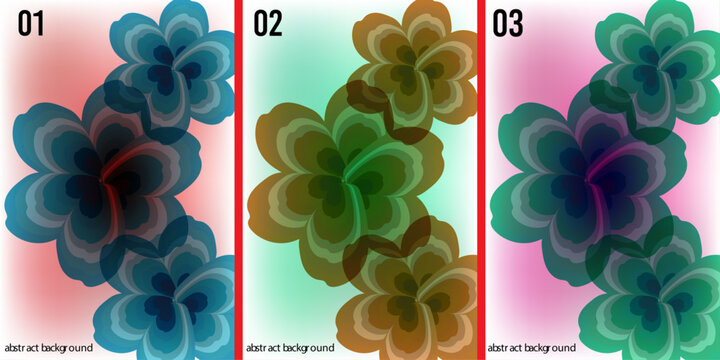 Set of three modern abstract layered floral backgrounds with colorful soft gradients