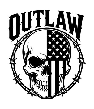 Outlaw American Flag Skull with Barbed Wire Emblem Tshirt Design EPS