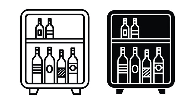 Minibar refrigerator icon set with wine and beer bottles on shelves for hotel room service and kitchen appliance symbol design