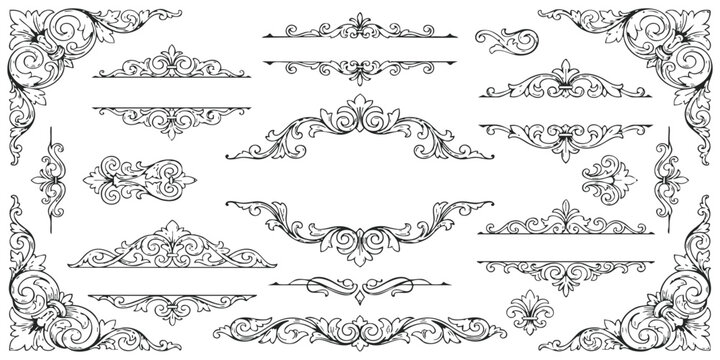 Set of vintage floral corner frames and decorative scroll borders for elegant wedding invitation card design