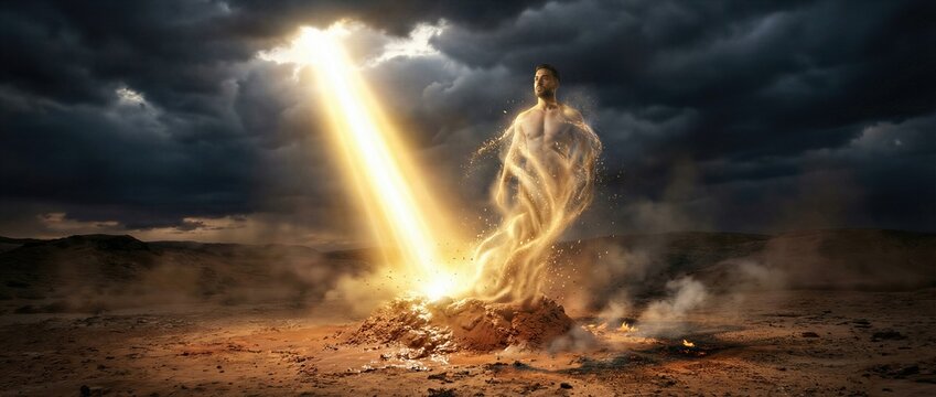 Man emerging from earth into life via divine light. Biblical genesis scene of creation. Miracle of human existence, spiritual awakening, holy energy, mystical desert manifestation. Banner with copy