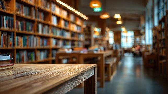 Spacious library hall featuring long wooden study tables and rows of bookshelves with warm lighting