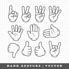 Fototapeta premium Hand Gesture Set Black and White Cartoon Vector Illustration