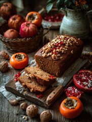 Fototapeta premium Warm-toned autumn breakfast table with persimmons, pomegranates, walnuts, and fresh bread, evoking a cozy harvest theme.