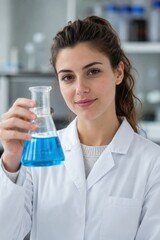 Fototapeta premium Female scientist holding blue liquid flask in laboratory