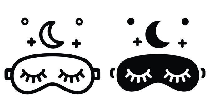 Sleep mask icon set with crescent moon and stars representing night rest relaxation bedtime wellness and healthy sleeping habits