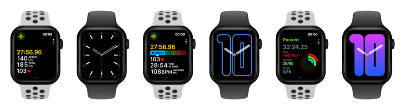 Apple Watch mockup and UI screen template in editable SVG vector format featuring watch face, fitness app screen and Apple Watch with band on transparent background