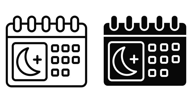 Calendar icons featuring crescent moon and plus sign for night scheduling sleep tracking hotel booking evening event planning and management