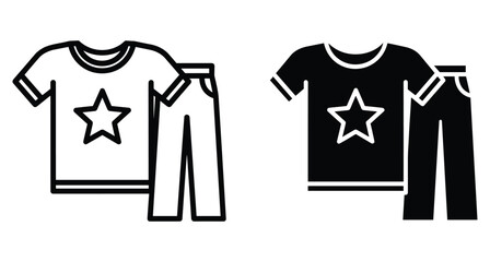 Naklejka premium T shirt and pants clothing icon set featuring star design in outline and solid black styles for casual apparel fashion web