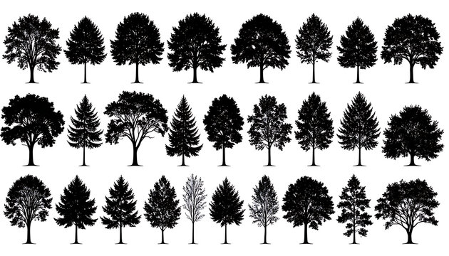 Collection of diverse tree silhouettes, natural elements, woodland and forest shapes, seasonal variety