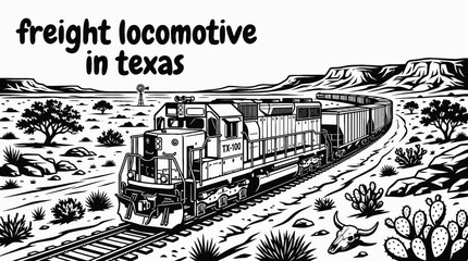 freight locomotive moving across texas countryside railway black and white vector with rural american landscape © Ethan
