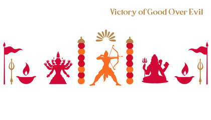 Vijayadashami horizontal vector with Rama bow, marigold cascade for website header and email banner design © Aleksandr