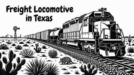 freight locomotive moving across texas countryside railway black and white vector with rural american landscape © Ethan