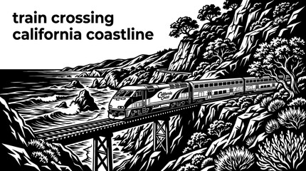 modern train traveling along california coastline railway black and white with ocean landscape vector illustration © Ethan
