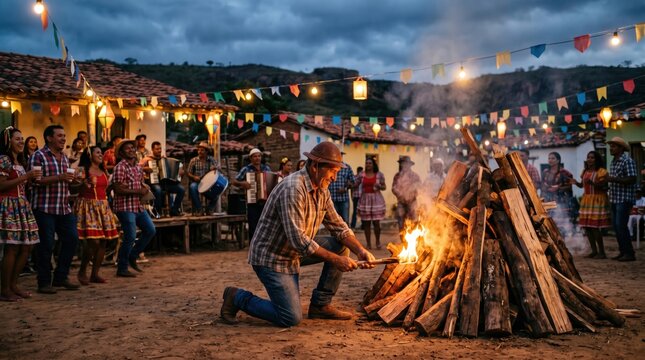A man lighting a bonfire for Saint John's Day in northeastern Brazil.