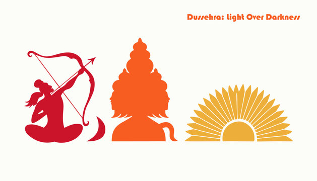 Flat Dussehra banner: victory sunburst, ceremonial weapons, saffron tones for web promotional graphics