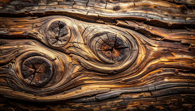 Close-up of weathered wood grain with prominent knots and rough texture, rustic natural pattern