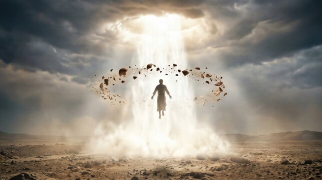 Creation of man by God in the desert. Divine light descending from heaven to shape human form from dust and clay. Biblical scene from Genesis representing the origin of life and soul.
