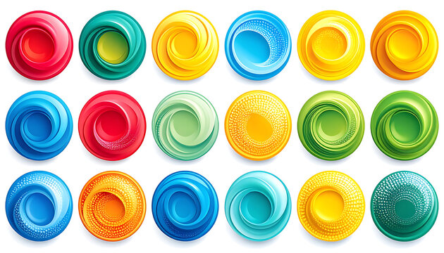 Collection of colorful swirling abstract glossy spheres and buttons, digital art with pixel texture effects