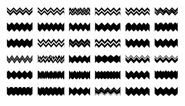 Collection of diverse black zigzag line border elements and patterns, decorative design accents, graphic accents