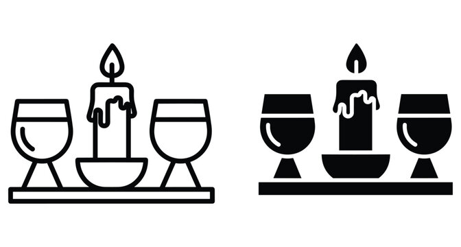 Shabbat candles and wine cups icon set for Jewish Sabbath ritual celebration ceremony tradition religious symbols outline and solid style