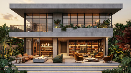 Fototapeta premium Two-story house with large glass windows and outdoor seating area architecture