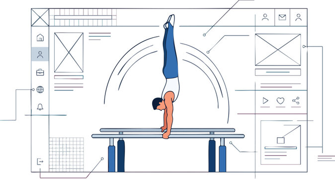 Male Gymnast on Parallel Bars in Technical UI Interface Style