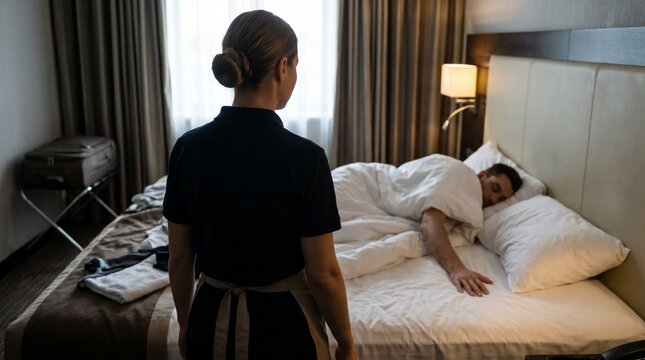 Rear view of a female hotel maid looking at a male guest lying in bed. Workplace harassment, crossing boundaries, inappropriate behavior and ethical dilemma concept
