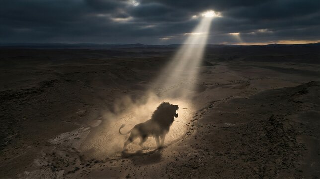 Roaring lion standing in desert under divine ray of light. Biblical scene depicting god creation of animal on earth. Concept of majesty, power, wilderness and spiritual beginning.