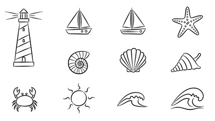 Nautical Icons Collection: A charming set of hand-drawn nautical icons, including a lighthouse, sailboats, seashells, a starfish, a crab, the sun, and waves, perfect for maritime themes. © Olivia