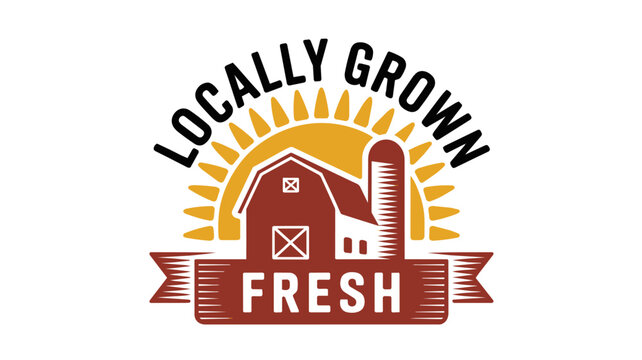 Locally Grown Fresh farm logo with barn and sunrise ribbon badge design for organic food labels and farmers market branding