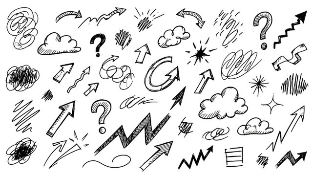 Doodle Elements: A collection of hand-drawn sketch elements including arrows, question marks, clouds, and scribbles, perfect for adding a creative and dynamic touch to designs.